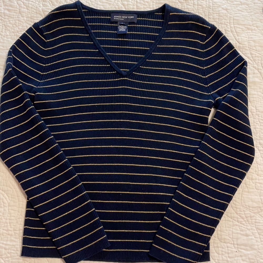Jones New York Navy Sweater with Gold Sparkle Stripes